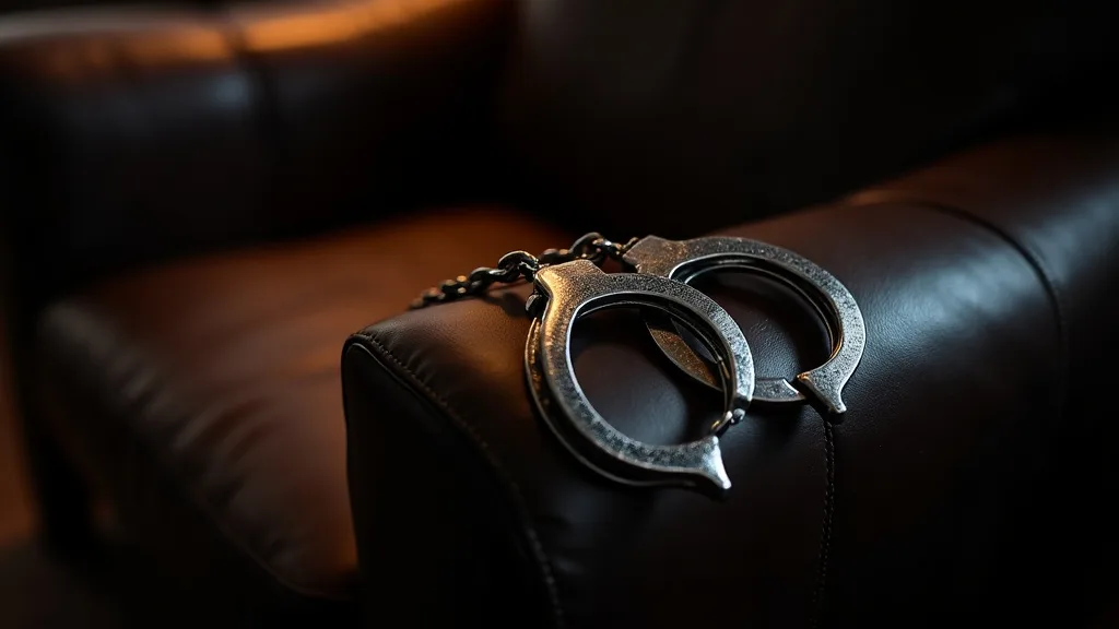 menottes en acier poli posees sur un accoudoir de cuir use a Nantes